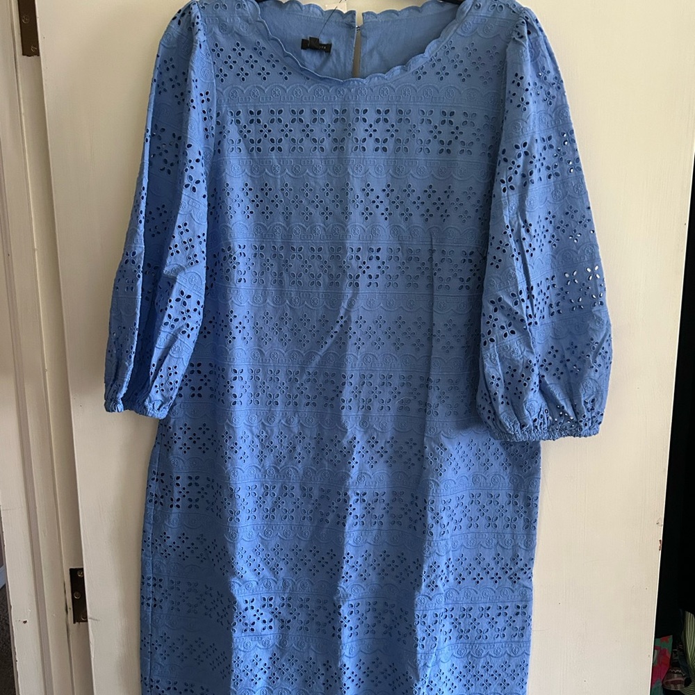 Talbots, periwinkle 3/4 sleeve eyelet dress, size 14. NWT